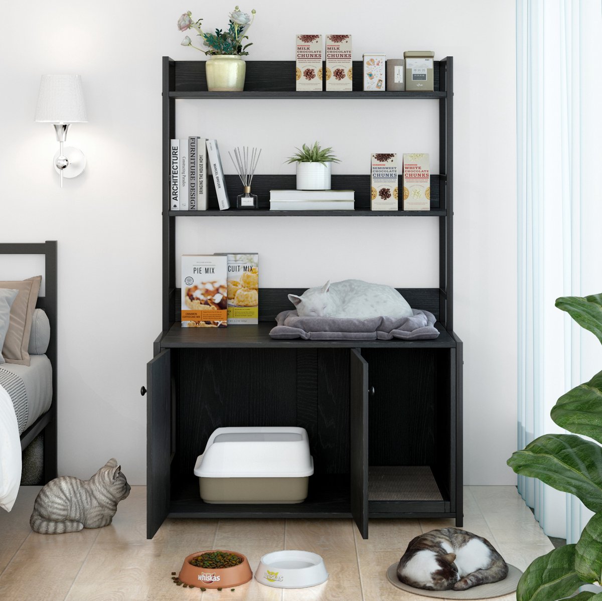 MIVRAY Kattenbakcontainer – 89,5 x 45 x 132 cm – Met 3 Opbergplanken – Hout en Metaal – Zwart – Verborgen Kattenbakmeubel Met Krabpaneel