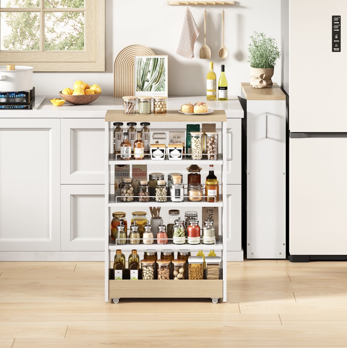 MIVRAY Keukenkast – 20 cm Smal Met Wielen – 85 x 55 x 20 cm – MDF – Wit En Naturel – Voor Keuken, Bad Of Voorraadruimte