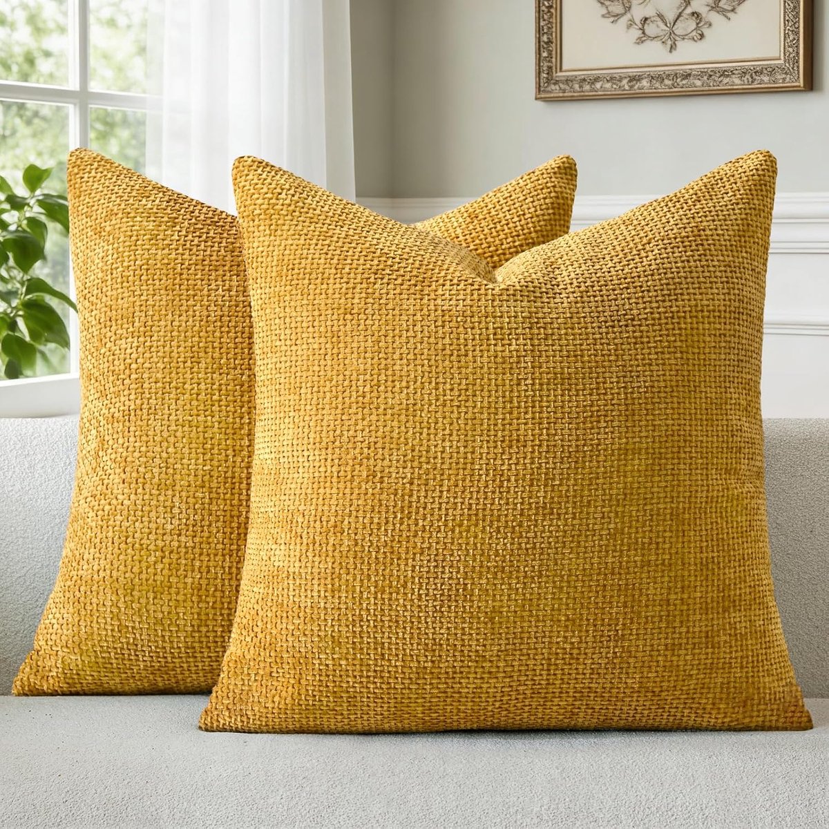 SnelShoppen - Chenille Kussenhoezen Geel 50 x 50 cm Set van 2 - Zachte Fluffy Decoratieve Kussenhoezen met Verborgen Ritssluiting - Wasbaar voor Sofa,