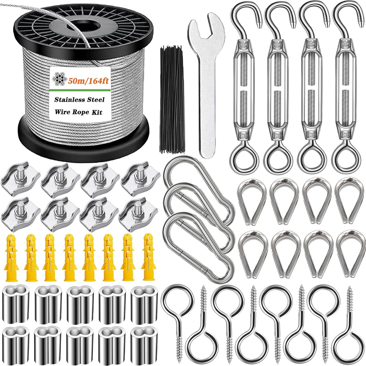 SnelShoppen - 2mm Draad Kabel Set, 50m Gevinyleerde RVS Kabel, M4 Spanning Locks, Voor Tuin Trellis, Verlichting, Gordijnen, Multifunctioneel