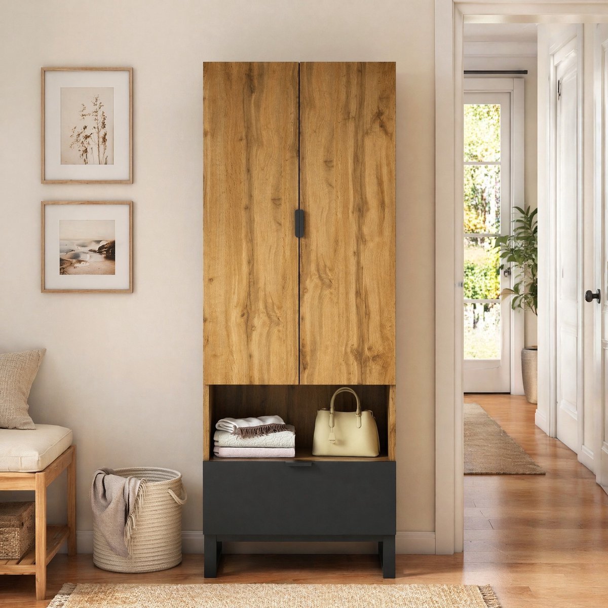 COVREO Kledingkast 180x65x38 cm – naturel en zwart, met kledingstang, lade en verstelbare planken