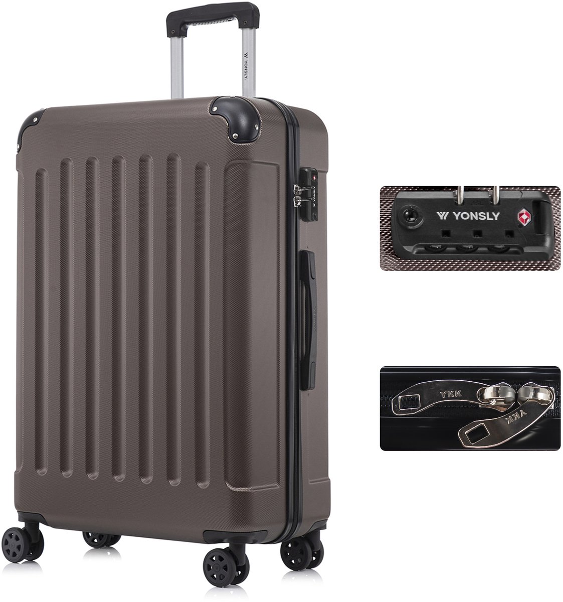 YONSLY Handbagage Koffer - 76 x 49 x 29 cm - 98 L - TSA Slot - 360° Draaibare Wielen - Grote Trolley - Braun