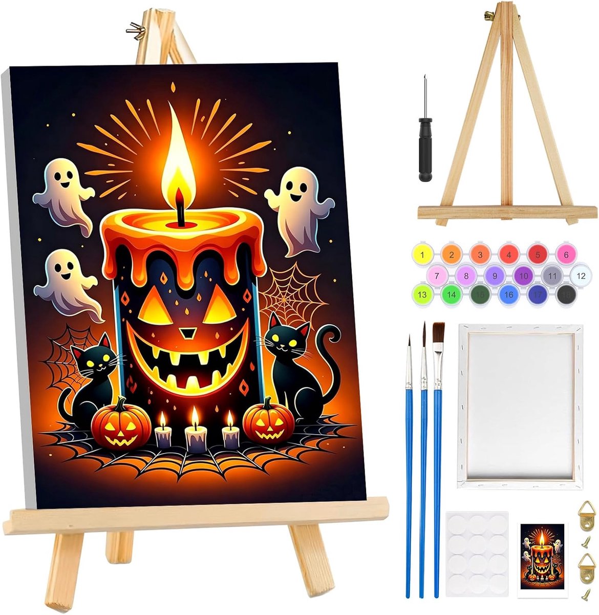 SnelShoppen - Halloween Schilderen op Nummer voor Volwassenen Beginners met Frame en Ezel - Spook en Zwarte Kat Olieverfschilderij Kit - Eenvoudig Doe