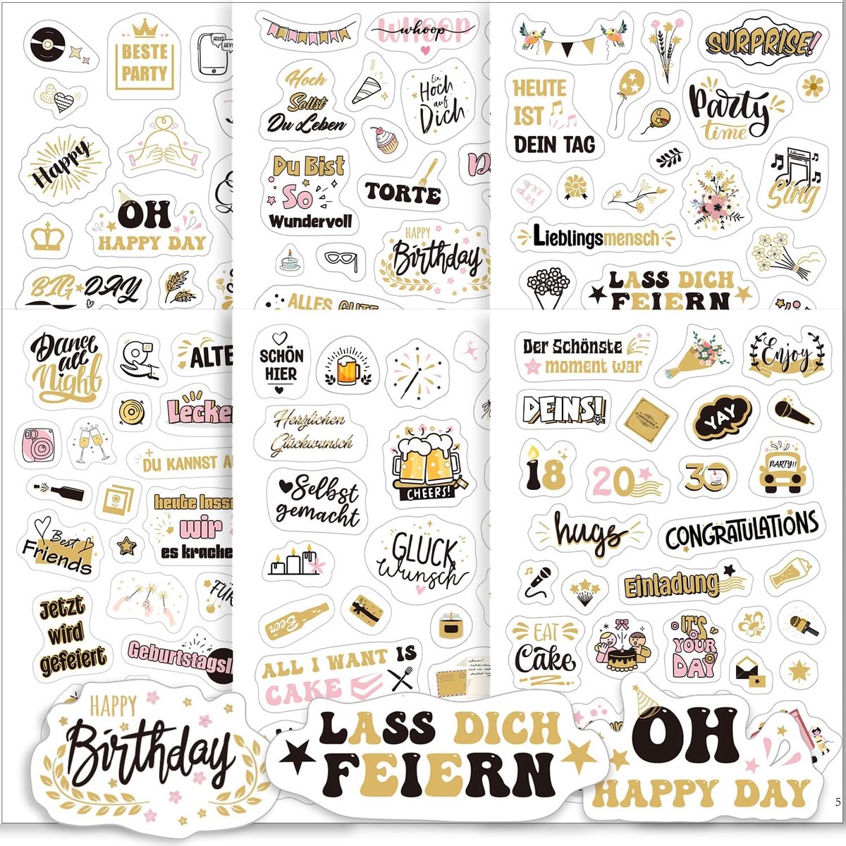 SnelShoppen - Verjaardagsstickers Transparant Set met Meer dan 160 Ontwerpen voor Verjaardagsfeest, Gastenboek, Fotoalbum en Scrapbook - Zwart-Goud-Ro