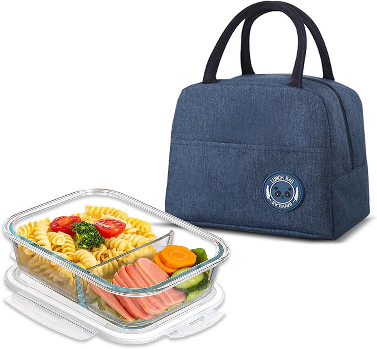 SnelShoppen - Glass Container 1050 ml met Deksel, Airtight Lunchbox met Compartimenten, Magnetron en Vriezer Bestendig, BPA-vrij, Inclusief Draagtas,