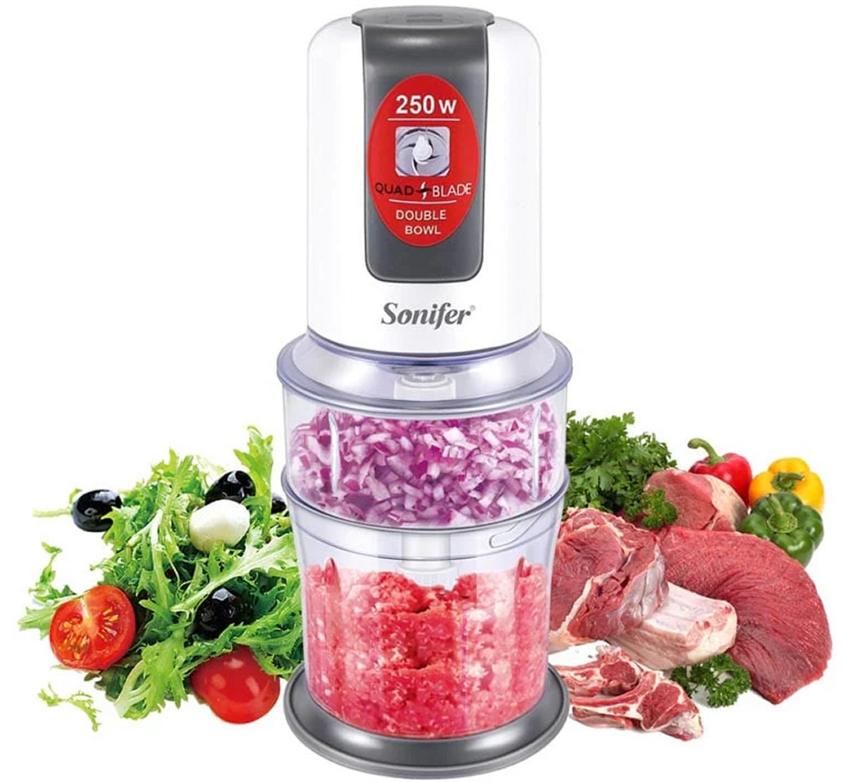 Sonifer SF-8051 Hakmolen - 250W - 2 Snelheden - Quad Blade - Dubbele Kom 500 ml + 200 ml - Vaatwasserbestendig - Wit