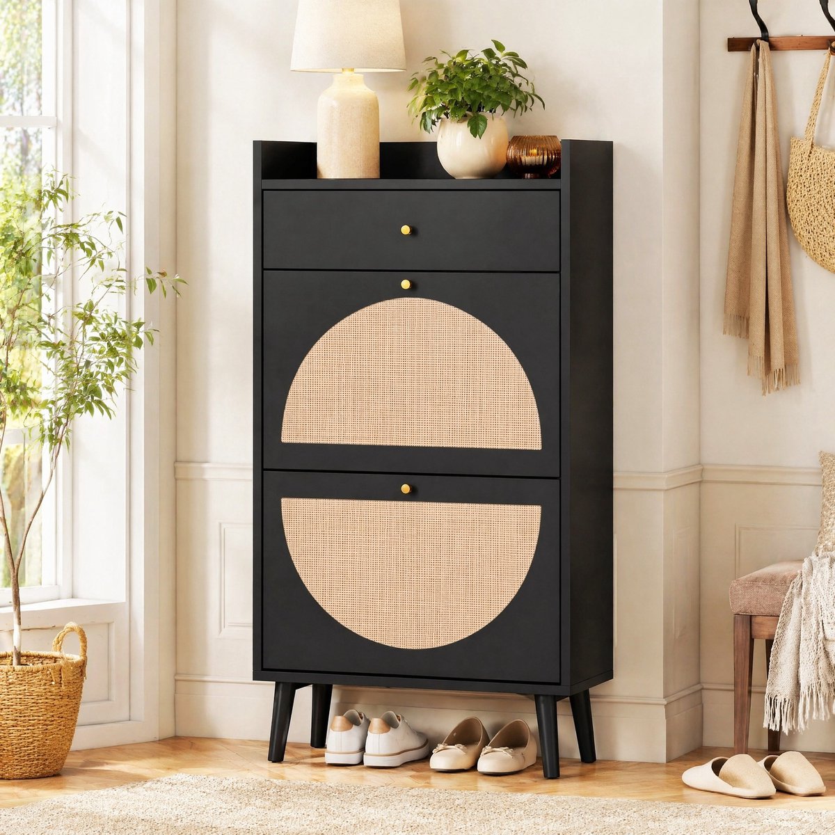 COVREO Schoenenkast 60,2x24x110,3 cm - zwart, spaanplaat, 2 deuren en 1 lade