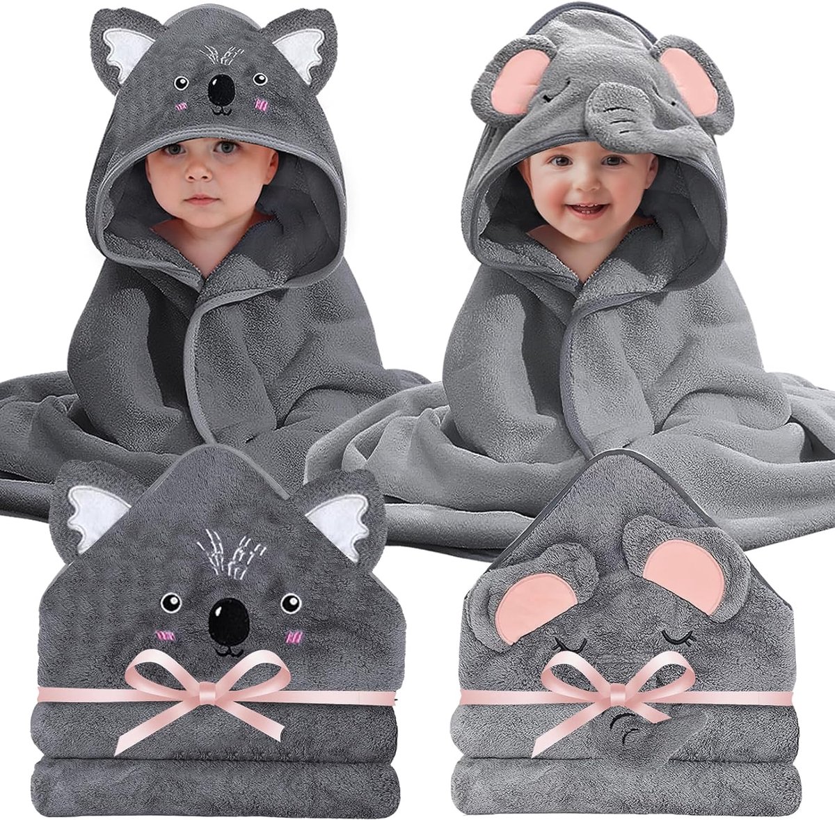 SnelShoppen - Baby Badhanddoek Set van 2 - Hooded Badhanddoeken 80 x 80 cm - Zacht en Super Absorberend - Unisex - Zwart-Grijs - Perfect voor Pasgebor