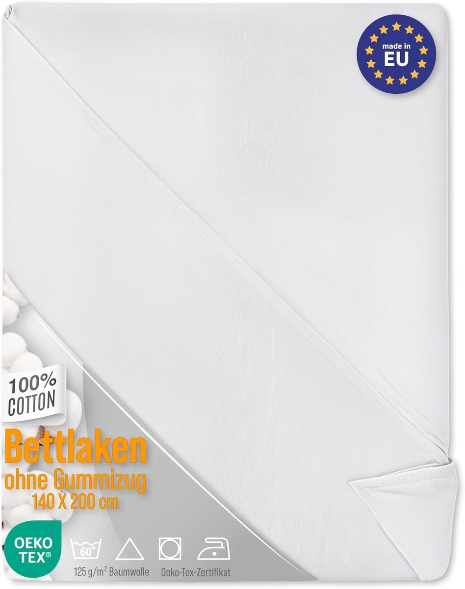 SnelShoppen - Bedlinnen zonder elastiek 2er Set 160x200 cm - Katoenen Laken zonder Elastiek - Witte Katoenen Bedlinnen - Oeko-Tex Gecertificeerd, Perf