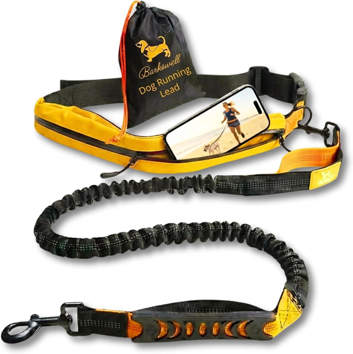 SnelShoppen - Hands-Free Hondenriem met Verstelbare Heupriem voor Joggen en Wandelen, Schokabsorberend Bungee Leash tot 60 kg, 2 Opbergzakken, Ideaal