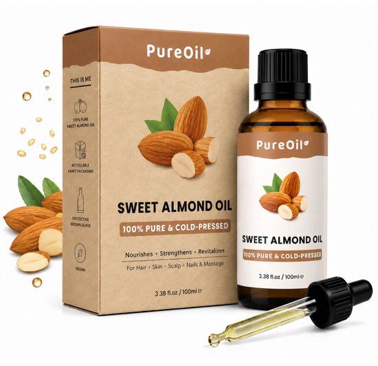Een fles PureOil Sweet Almond Oil en een doos, met amandelen en druppels op de achtergrond.