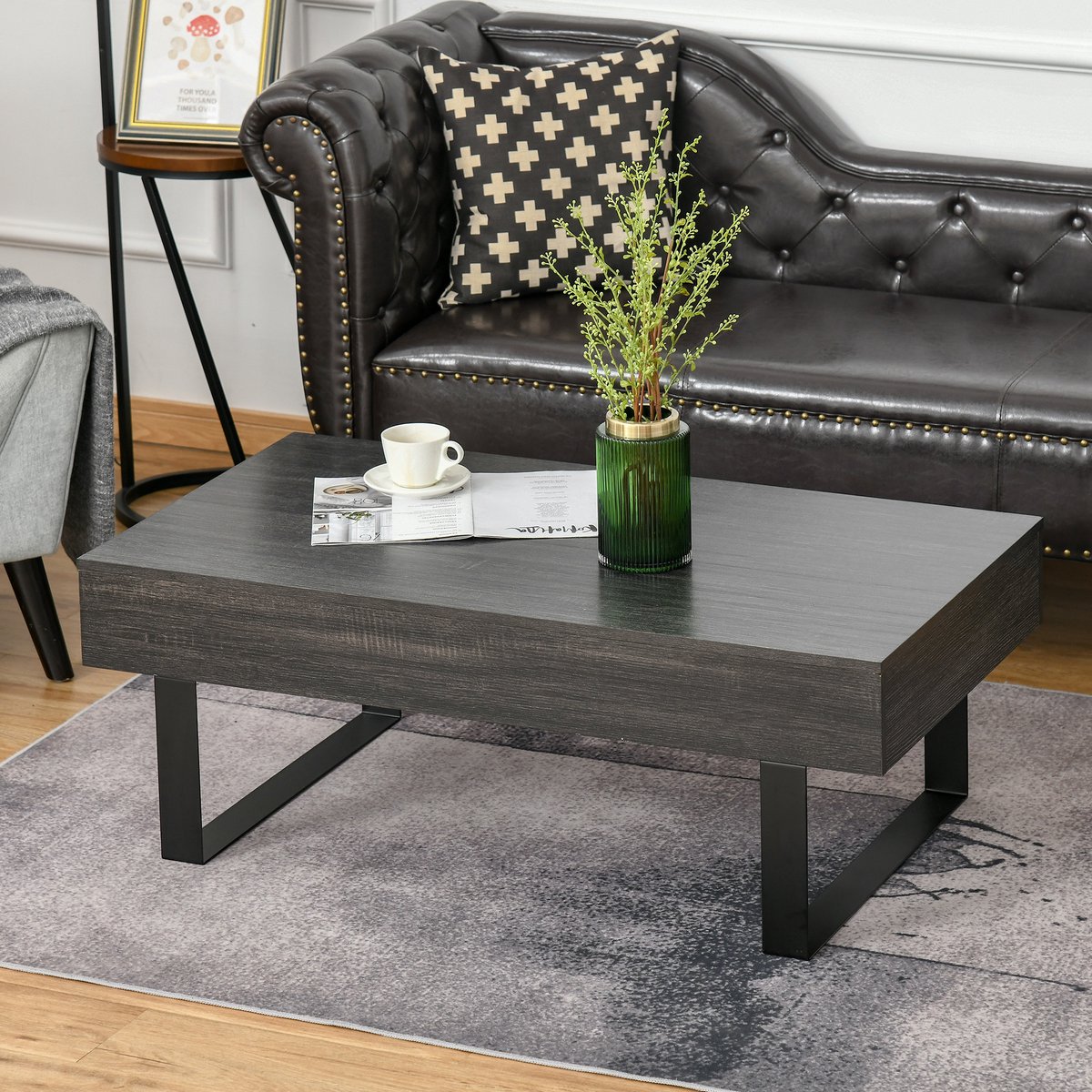 COVREO Salontafel 110x60x40 cm - donkergrijs, met lade en open opbergrek, metalen frame
