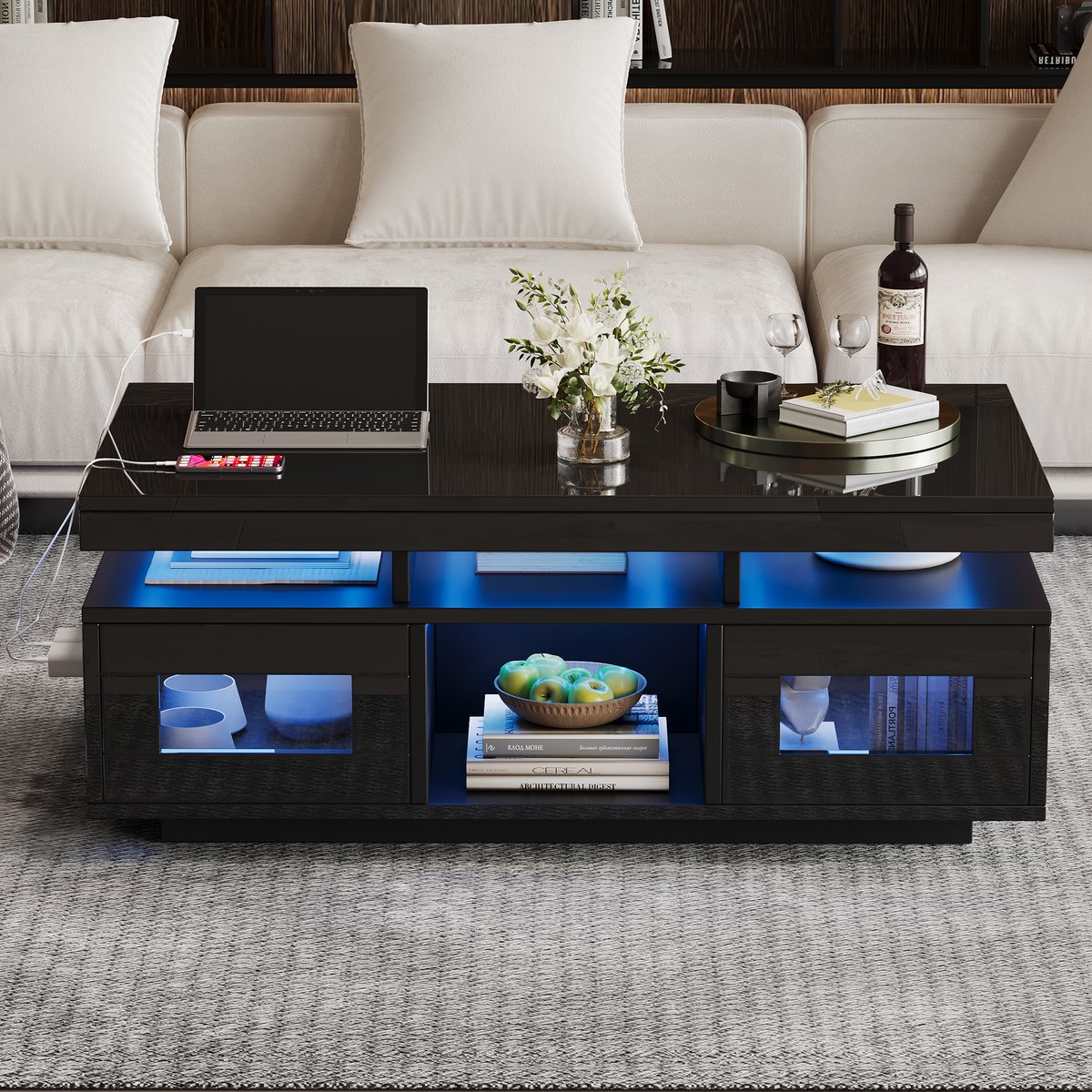 COVREO Salontafel 100 x 50 x 43 cm - zwart hoogglans, LED, USB en opbergruimte