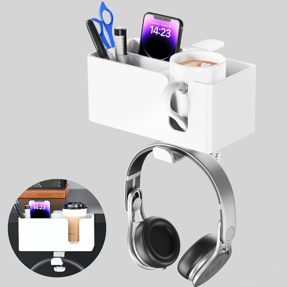 KZQ 4-in-1 deskbekerhouder met koptelefoonhaak en pennenhouder - Klemvast en afneembaar voor kantoor bureau en boot - Organizer voor rommelvrij werken - Wit