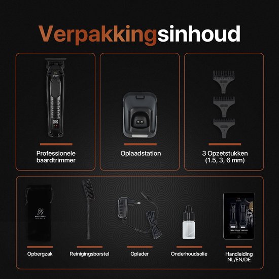 Inhoud van de verpakking: baardtrimmer, oplaadstation, opzetstukken, opbergzak, borstel, olie, handleiding.
