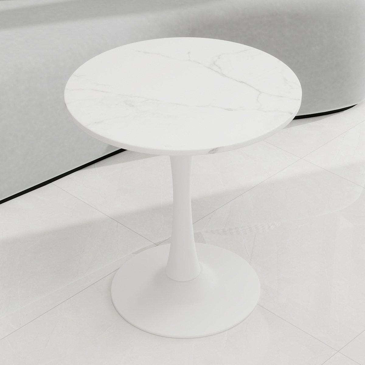 COVREO Salontafel 70x70x72 cm – wit, rond tafelblad met marmerlook fineer, geschikt voor 2-4 personen