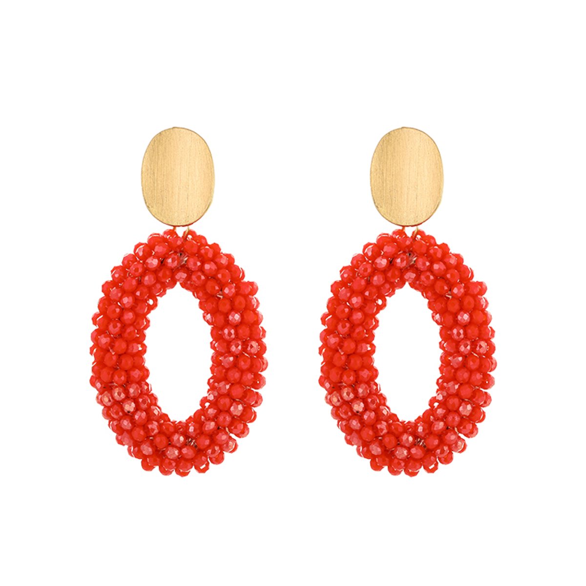 Stainless Steel Reliëf Mini-Kralen Oorhangers – Ovale Editorial Statement Oorbellen – RVS - Rood