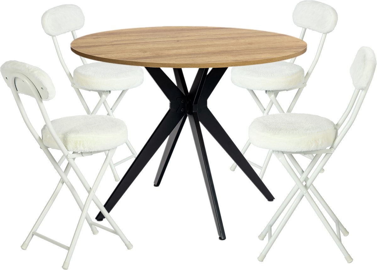 Eethoek - Ronde Eikenlook Tafel En 4 Zachte Pluche Klapstoelen - Wit
