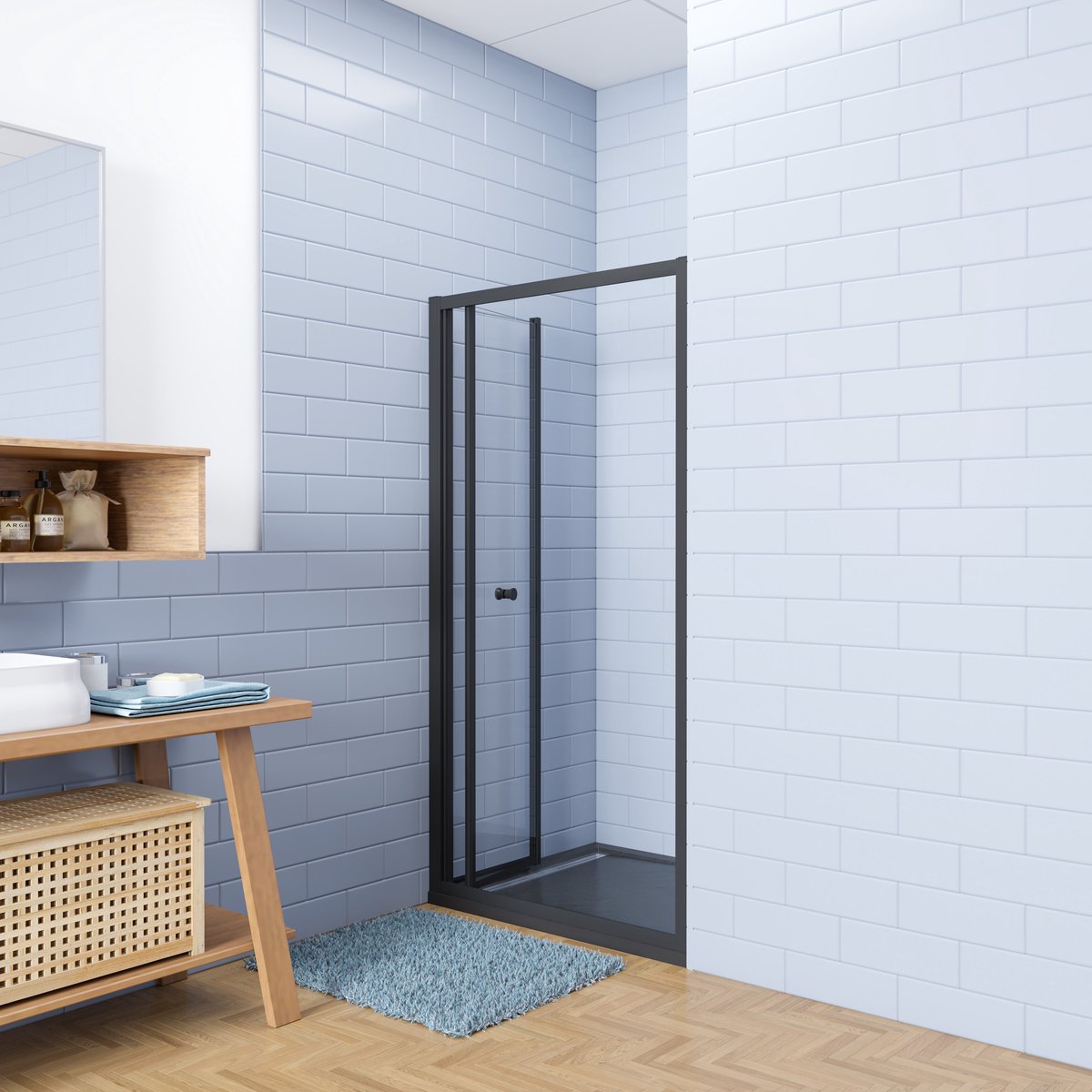 Aica industriële stijl vouwdeur douchedeur 80x195cm incl. Ultraplatte zwart douchebak 70x80cm incl. lage sifon - 5mm gehard veiligheidsglas easyclean - mat zwart aluminium frame