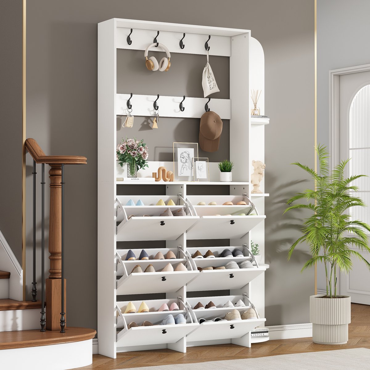 120 x 24 x 200 cm Kledingrek - kapstok voor de entree - 3-in-1 multifunctionele schoenenkast - draaideur - 8 haken - compacte kledingkast - woonkamerkast met 5 planken - wit