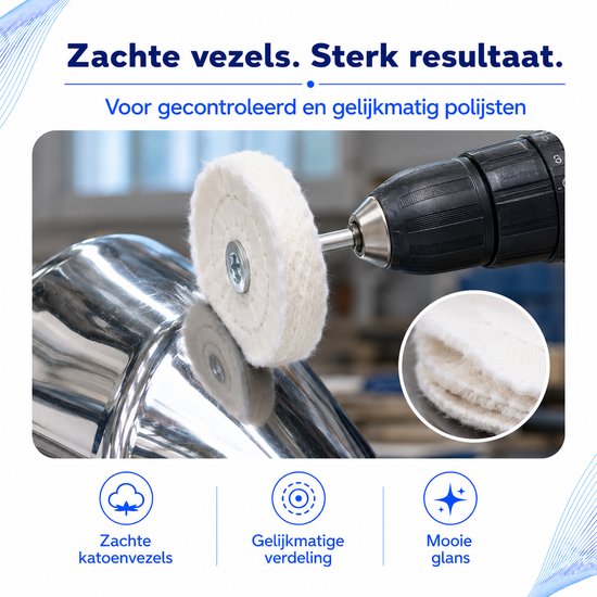 Wit polijstwiel van zachte vezels op een boormachine die een glanzend oppervlak polijst.
