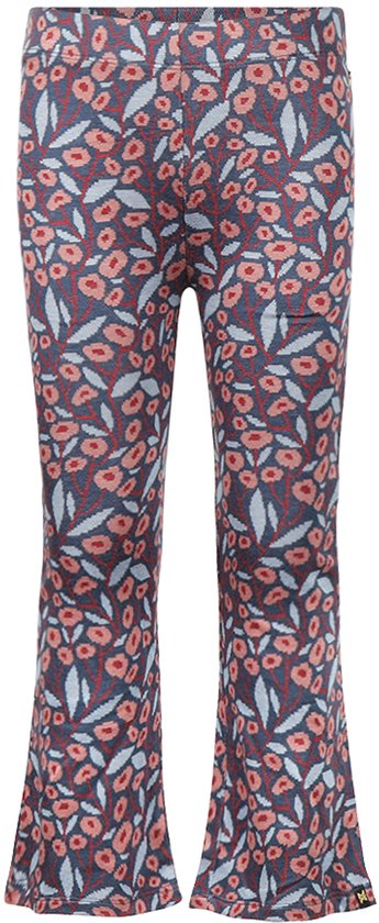 Meisjes flared broek met bloemenprint in de kleuren blauw, roze en grijs.