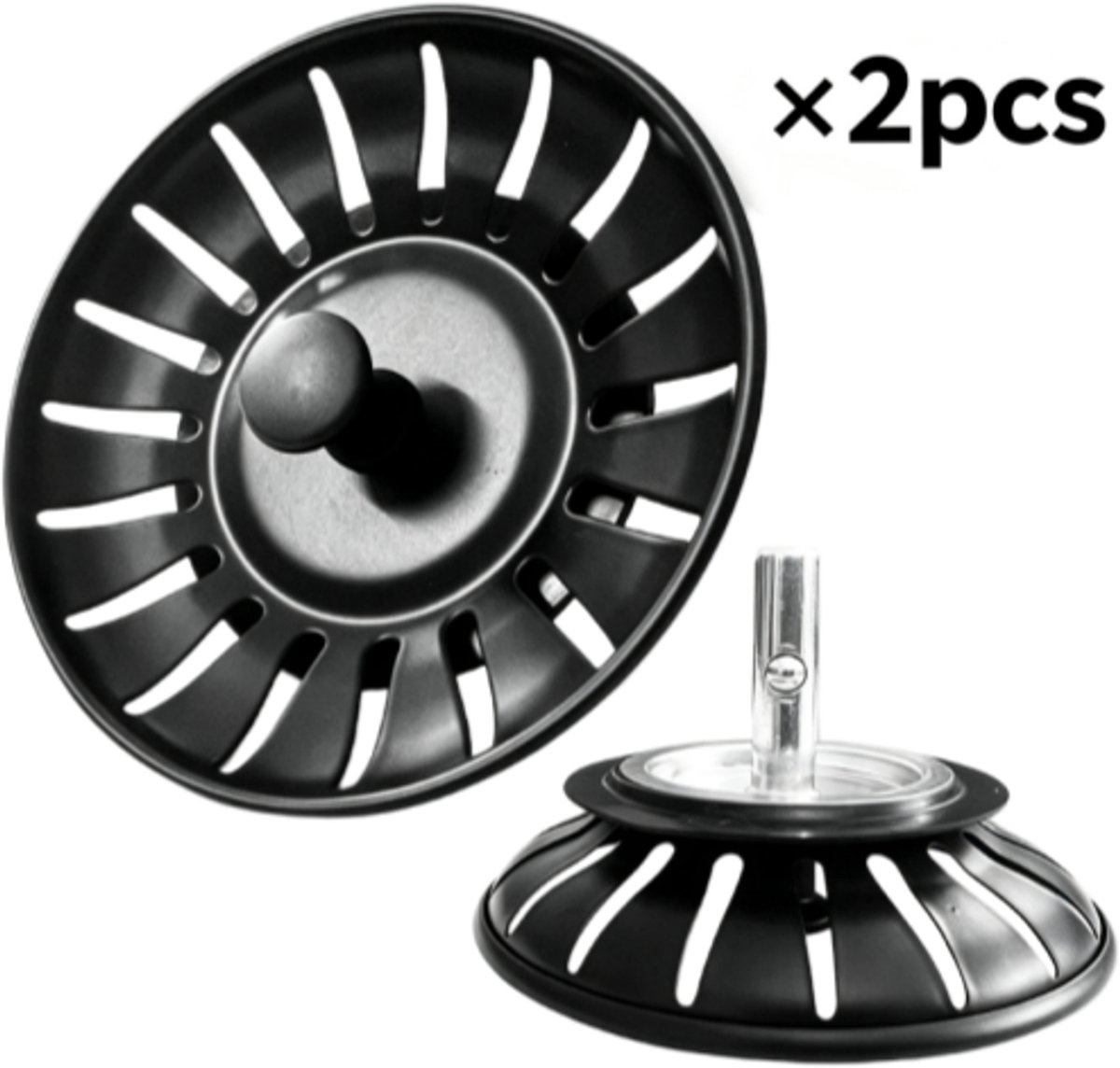 Afvoerstop - 2 stuks - Roestvrij staal - Zeefje voor de gootsteen - Geschikt voor keuken en badkamer - Vangt haar en voedselresten op - Zwart - Diameter 78 mm