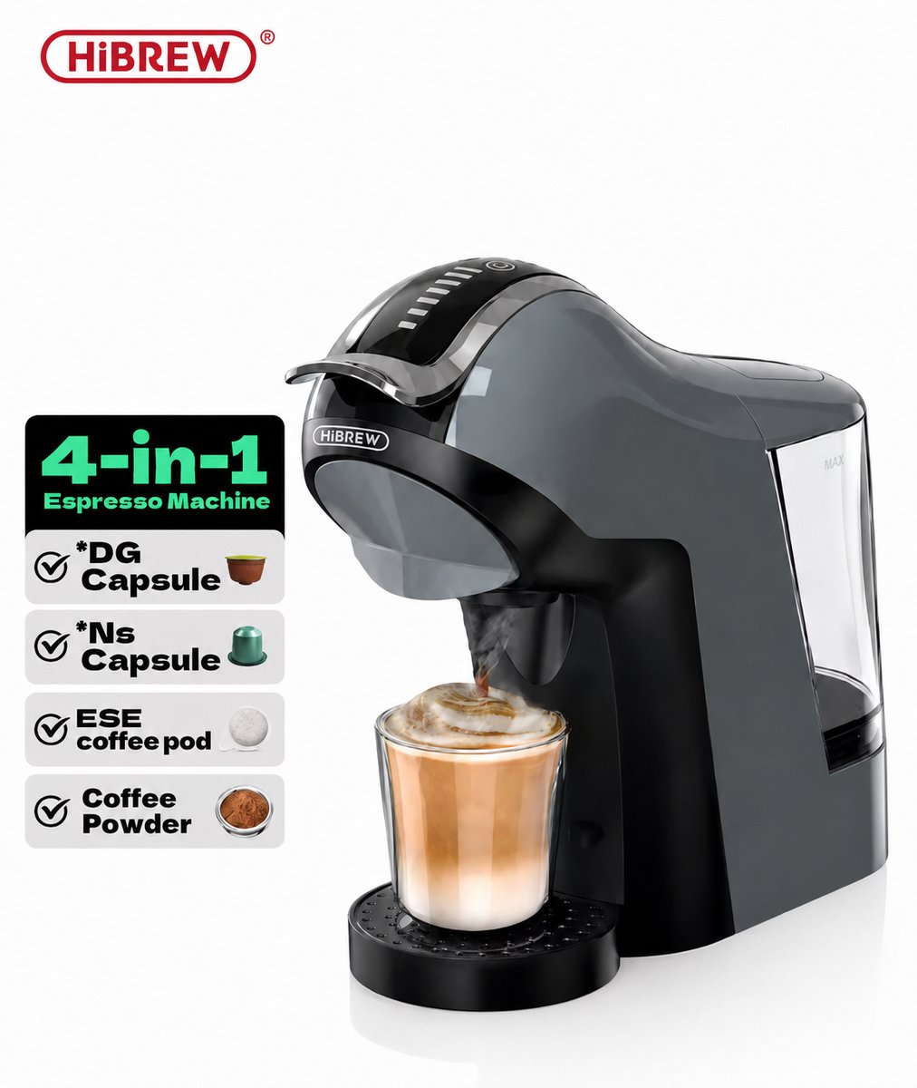 HiBREW H17 4-in-1 Koffiecupmachine - 20 Bar - Voor NES/DG/ESE/Pods & Gemalen Koffie - Warm & Koud - 7 Waterniveaus - Touch Control - Zwart