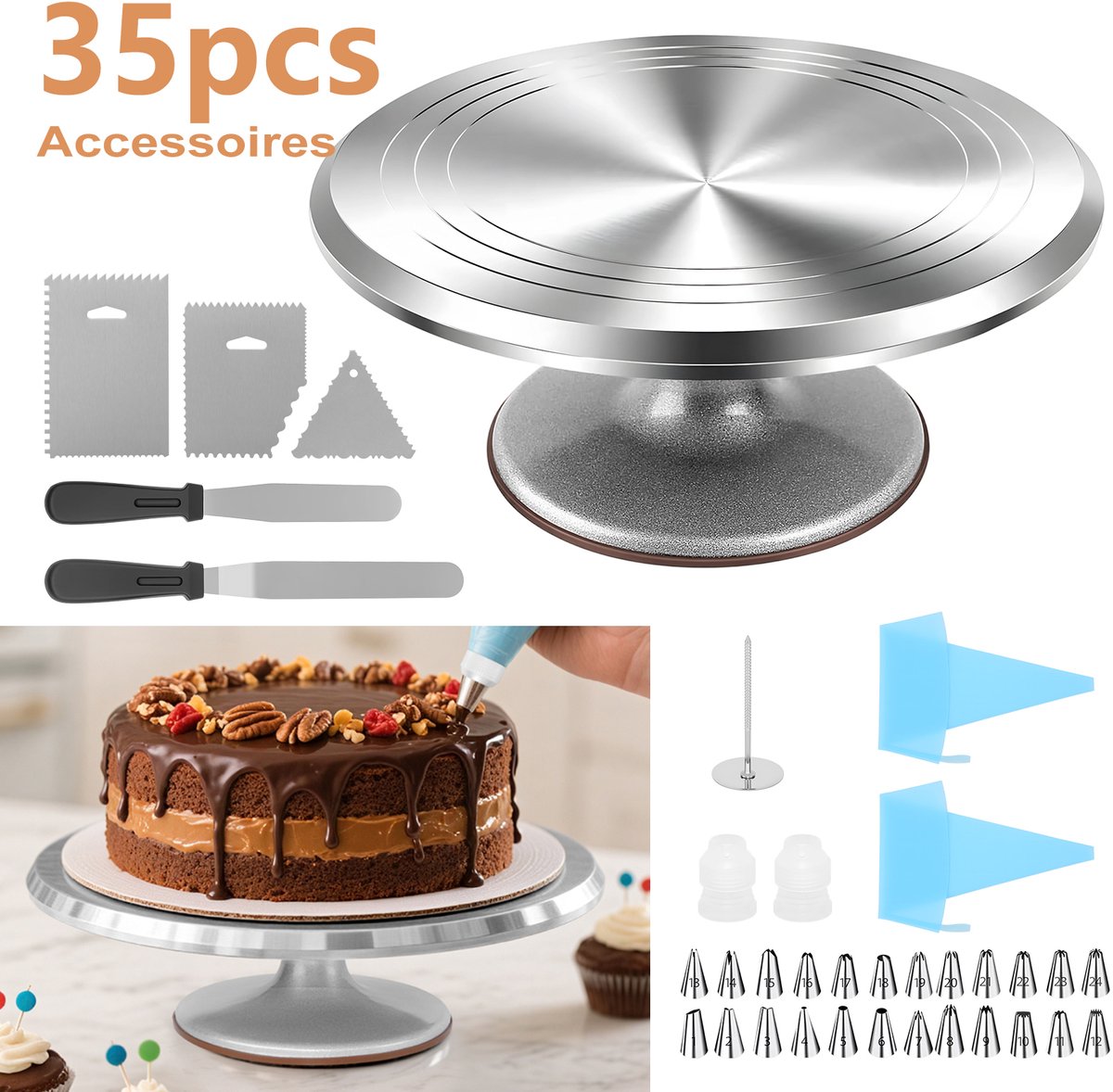 35 Stuks Aluminium Taartdraaier Set 31cm 360° Roterend, Professioneel Taartdecoratie Kit Met Spatels, Schrapers, Spuitzak en 24 Spuitmondjes voor Taart Maken voor Thuisbakkerij