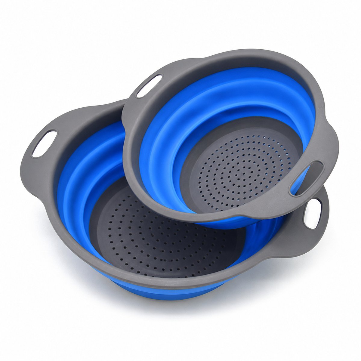 Opvouwbaar Vergiet Set van 2 – Siliconen Vergieten Groot en Klein – Voor Pasta, Groente en Fruit – Ruimtebesparend – Compact voor Keuken, Camping en Camper - Blauw