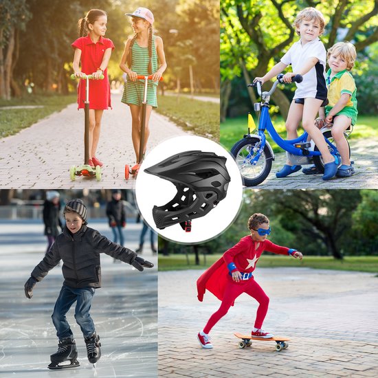 Zwarte helm met rode gesp en kinband, omringd door afbeeldingen van kinderen die steppen, fietsen, schaatsen en skateboarden.