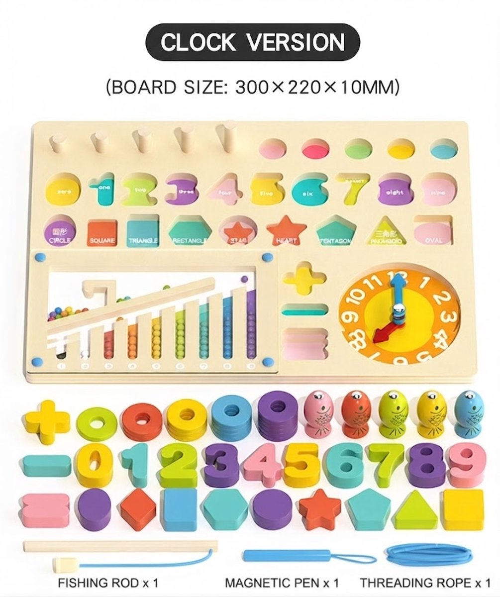 Houten Montessori Speelgoed - 8-in-1 Educatief Speelbord - Klok, Vormenstoof, Visspel, Kralendoolhof, Cijfers & Rekenen - CADEAU voor Peuters vanaf 3 Jaar