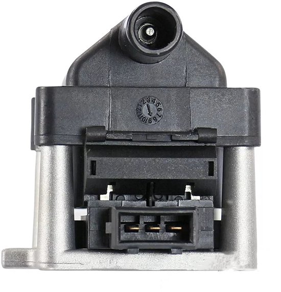 Zicht op de voorkant van een zwarte bobine met zilverkleurige steunen en de elektrische connector.