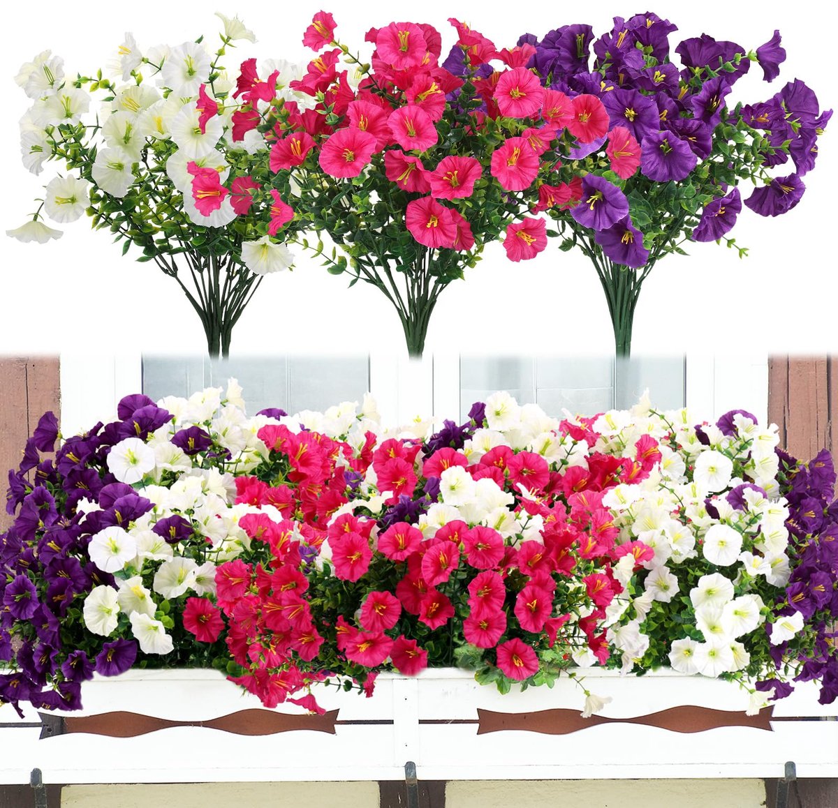 SnelShoppen - 9 Bundels UV-Bestendige Kunstbloemen voor Buiten, Realistische Neppetunia's en Zijden Bloemen voor Tuin, Balkon en Feesten
