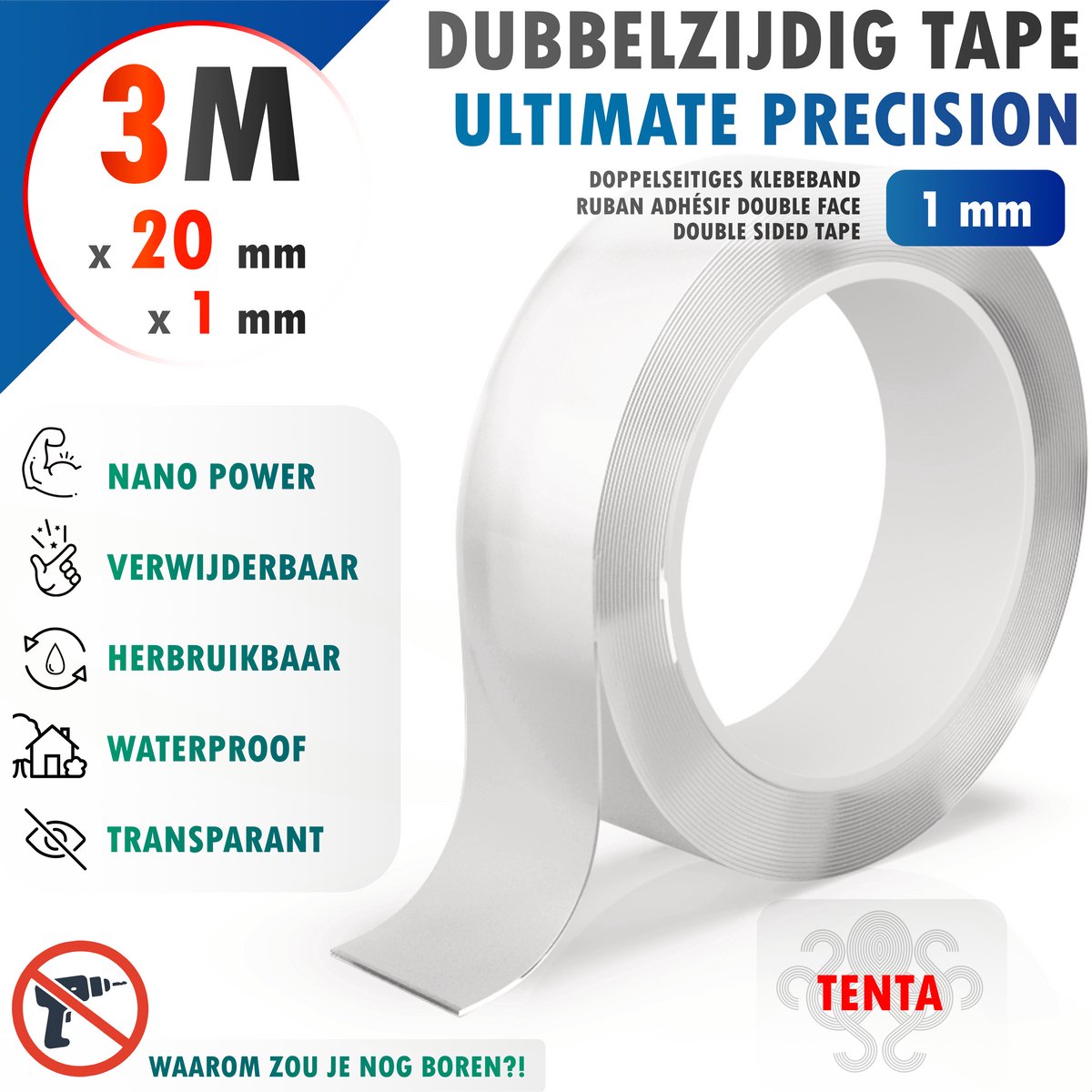 Dubbelzijdig Tape Extra Sterk 3m x 20mm x 1mm - TENTA Ultimate Precision