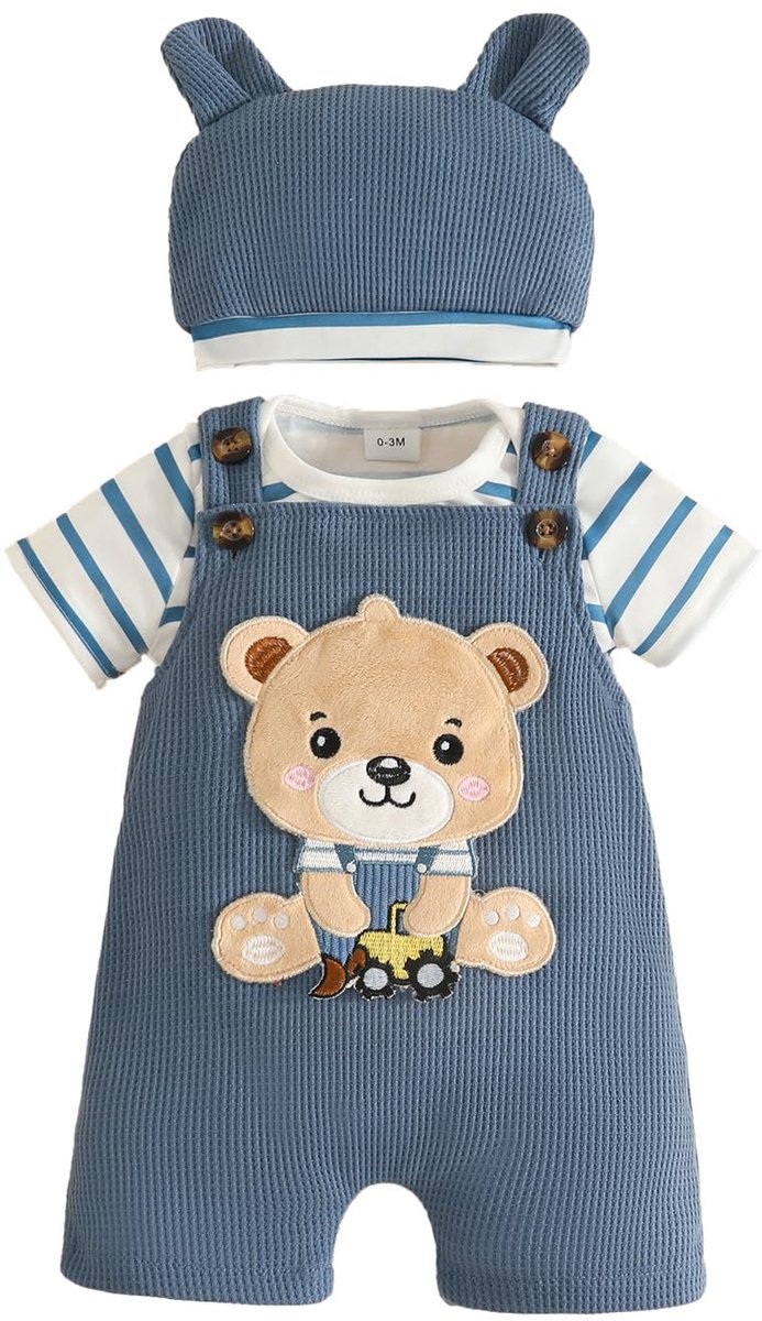 SnelShoppen - 3-delige babykledingset voor jongens en meisjes, gestreepte top met korte mouwen + dierenprint overall broek + muts voor pasgeborenen, b