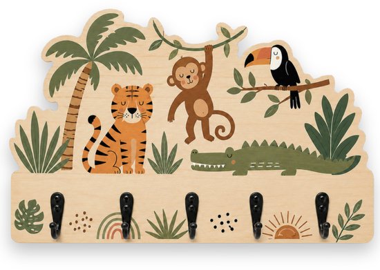 Houten kapstok met jungle dieren: tijger, aap, krokodil, toekan. 37x21cm.