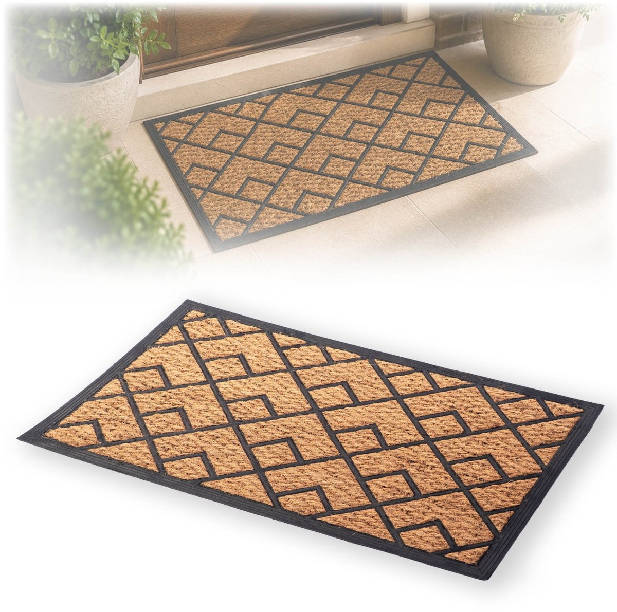 KADAX kokosmat 45 x 75 cm, rechthoekige deurmat van kokos en rubber, antislip deurmat voor buiten, vuilvangmat met rubberen onderkant (vierkant patroon) bruin, zwart