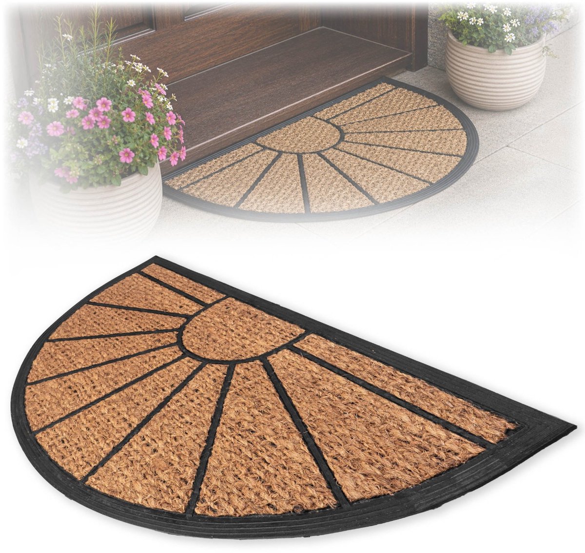 KADAX kokosmat 45 x 75 cm, halfronde deurmat van kokos en rubber, antislip deurmat voor buiten, vuilvangmat met rubberen onderkant (gestreept patroon) bruin, zwart