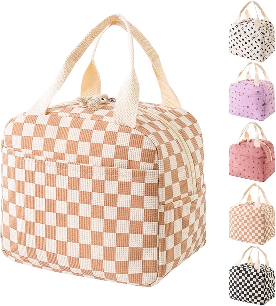 Lunchtas - Geïsoleerde Lunchkoeler voor Dames en Kinderen - Corduroy met Stijlvol Koffie-ruitpatroon - Grote Capaciteit voor School en Kantoor - Bruin