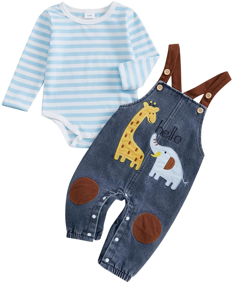 SnelShoppen - Baby Jongens Borduurwerk Dieren Romper + Giraffe Olifant Jarretel Broek Set, Lange Mouw, Gestreept, Blauw, 0-3 maanden - Perfect voor Fe