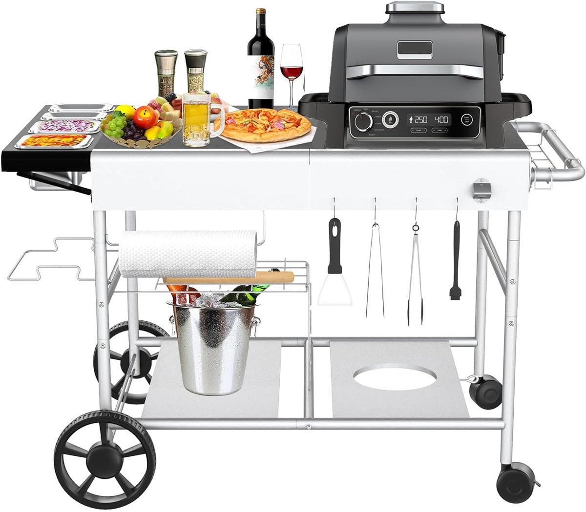 SnelShoppen - GFTIME Grillwagen Serveertrolley 128x64x78 cm voor Buiten, Ideaal voor Weber Q-serie, Ninja Woodfire, Pizzaoven, Tafelgrill met Groot We
