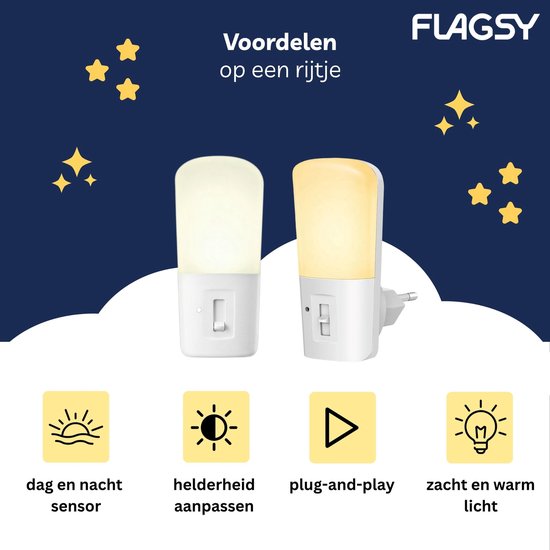 Nachtlampje Stopcontact 2 stuks - Flagsy - Dimbaar met Schemersensor - Dag en Nacht Sensor - LED - Geschikt voor Baby- en Kinderkamer - Wit van Flagsy — afbeelding 2