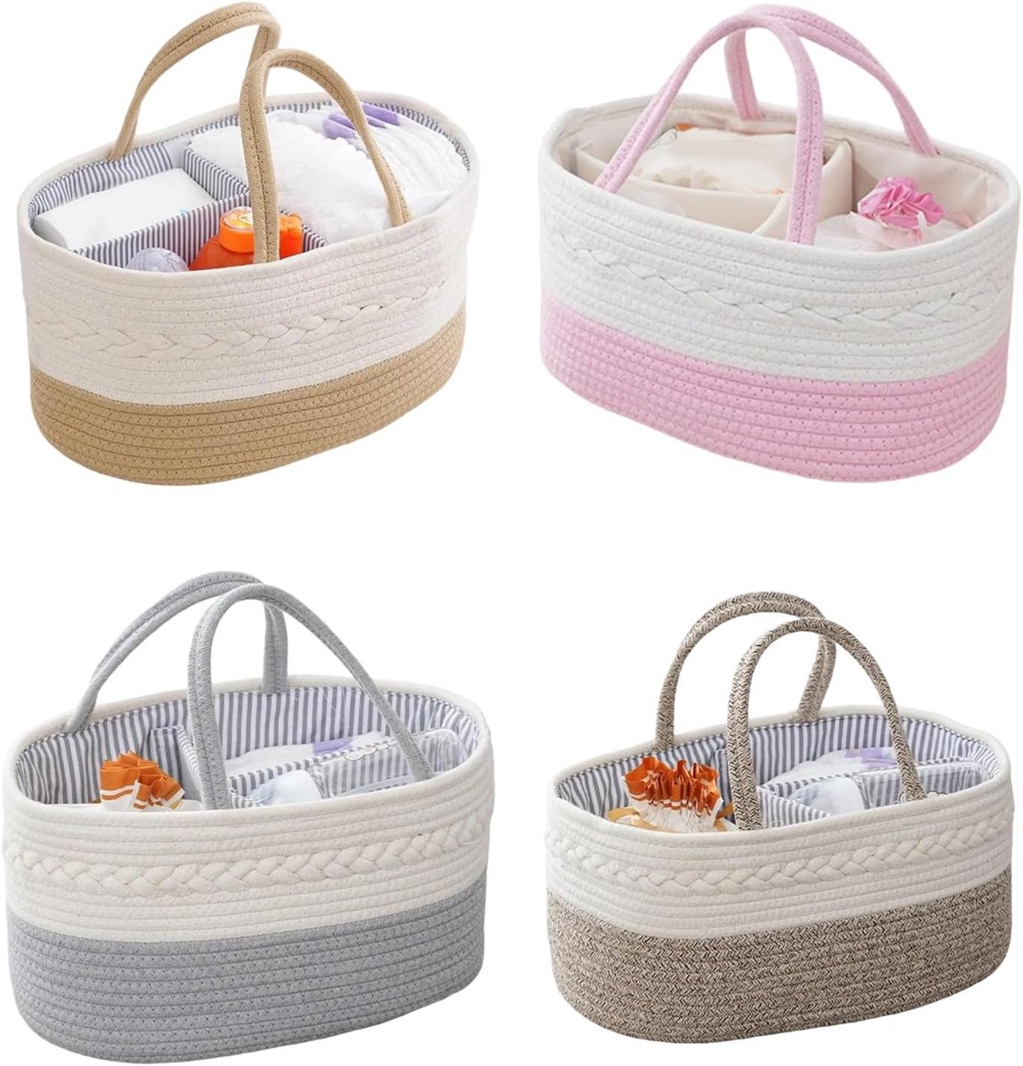 VHV - Luiermand - Baby opbergmand van katoenen touw - Draagbare organizer voor luiers en babybenodigdheden - Kraamcadeau voor pasgeborenen - 38 x 25 x 17 cm - Wit en grijs