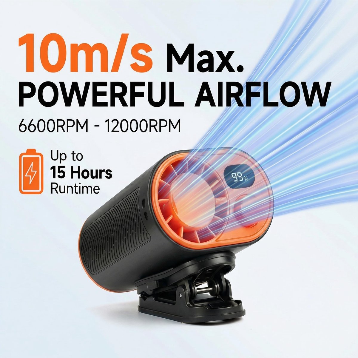 SnelShoppen - Draagbare Riemventilator met 1-100 Traploze Snelheidsregeling, 360° Draaibaar, Digitale Display en 10W Powerbankfunctie - Ideaal voor Ca