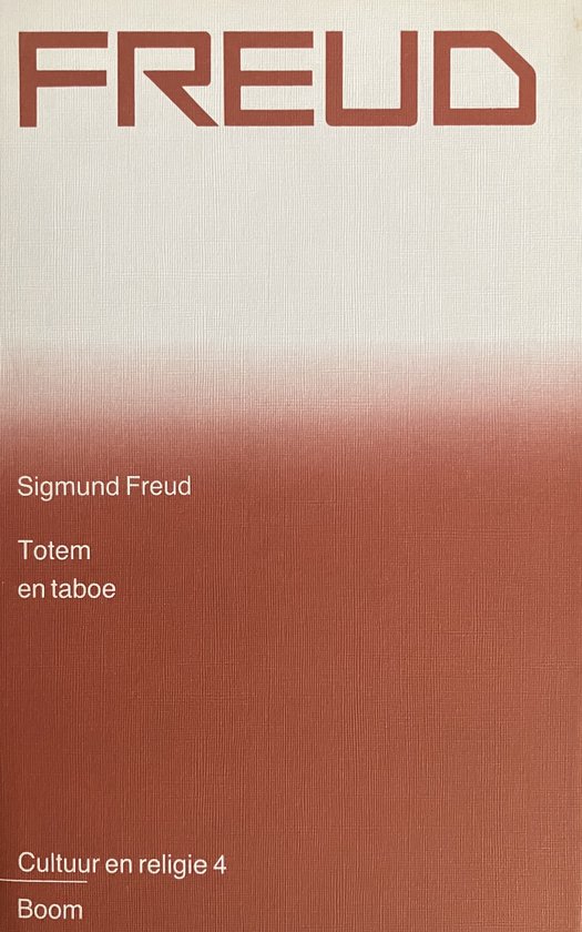 Boek 'Totem en taboe' van Sigmund Freud, met de titel in rode letters op een witte achtergrond die vervaagt naar rood.
