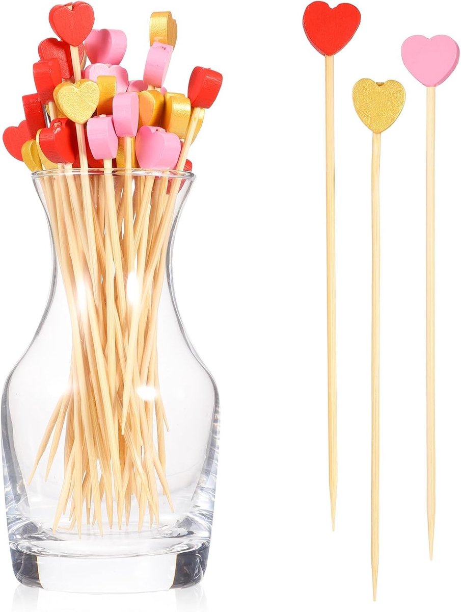 100 stuks schattige hartvormige tandenstokers voor Valentijnsdag en feestdecoratie, 12 cm lange cocktailtandenstokers in 3 kleuren, perfect voor appetizers en snacks