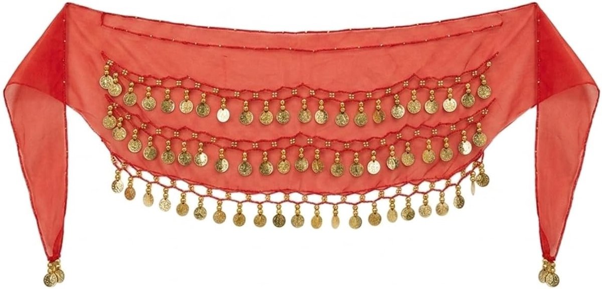 Bauchtanz Gürtel in Rood met 72 Gouden Munten | Chiffon Hüfttuch voor Dans | Kostuum en Accessoires voor Dames