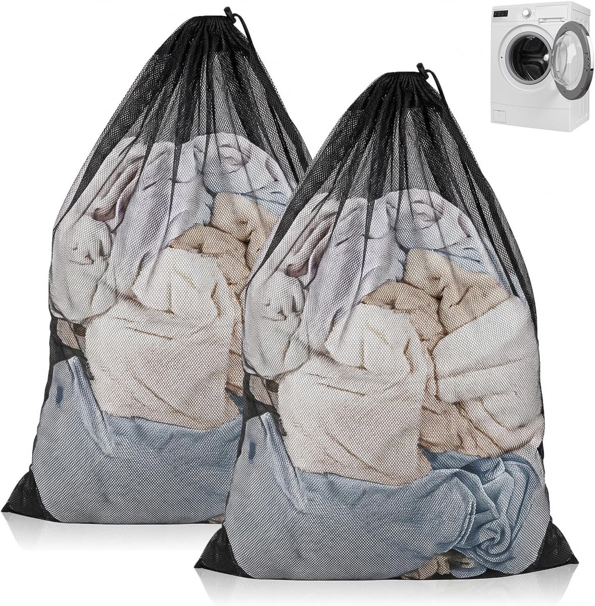 2-delige Wasmand Set, 70 x 90 cm Wasnet voor Wasmachine, Geschikt voor Beddengoed, Knuffels en Grote Items, Met Trekkoord Sluiting, Zwart