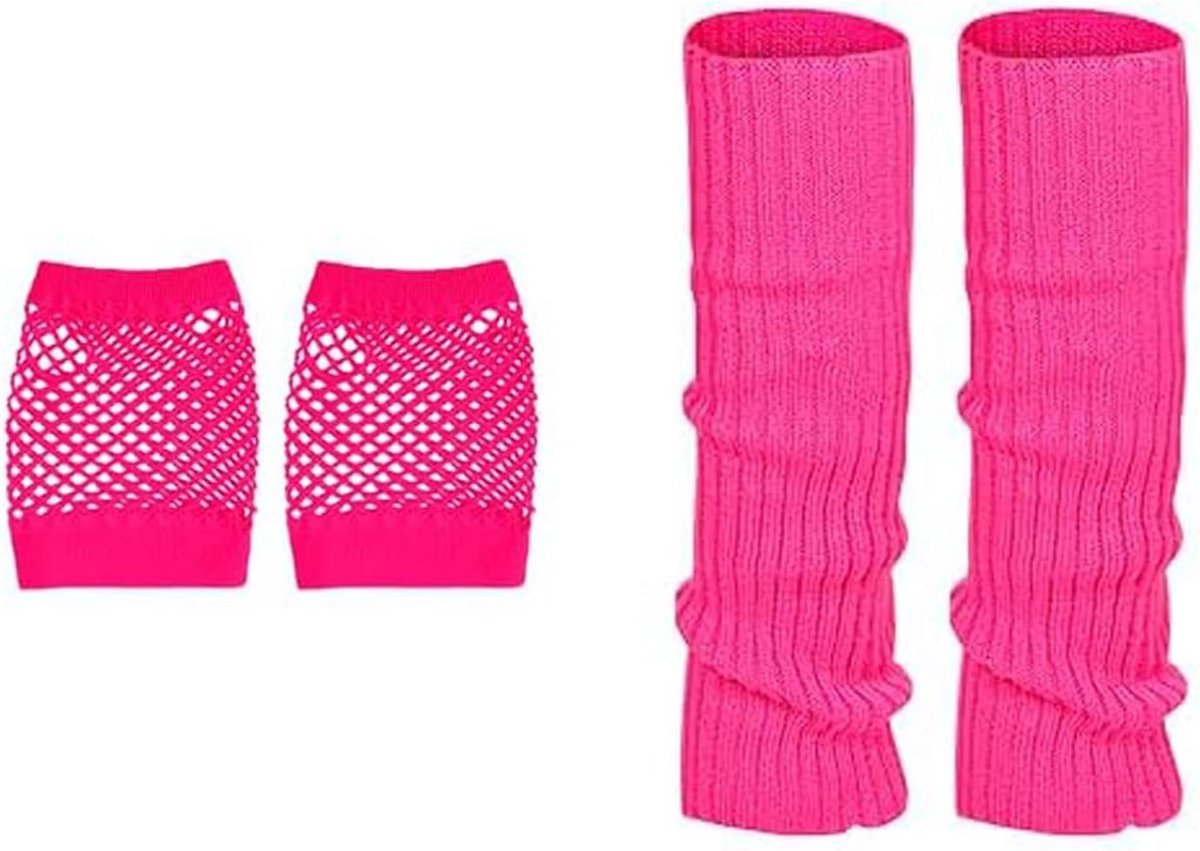 Set van 2 Elastische Neon Beenwarmers en Net Handschoenen, Ideaal voor 80s Kostuums en Feestjes, Perfecte Accessoires voor Winter en Retro Look
